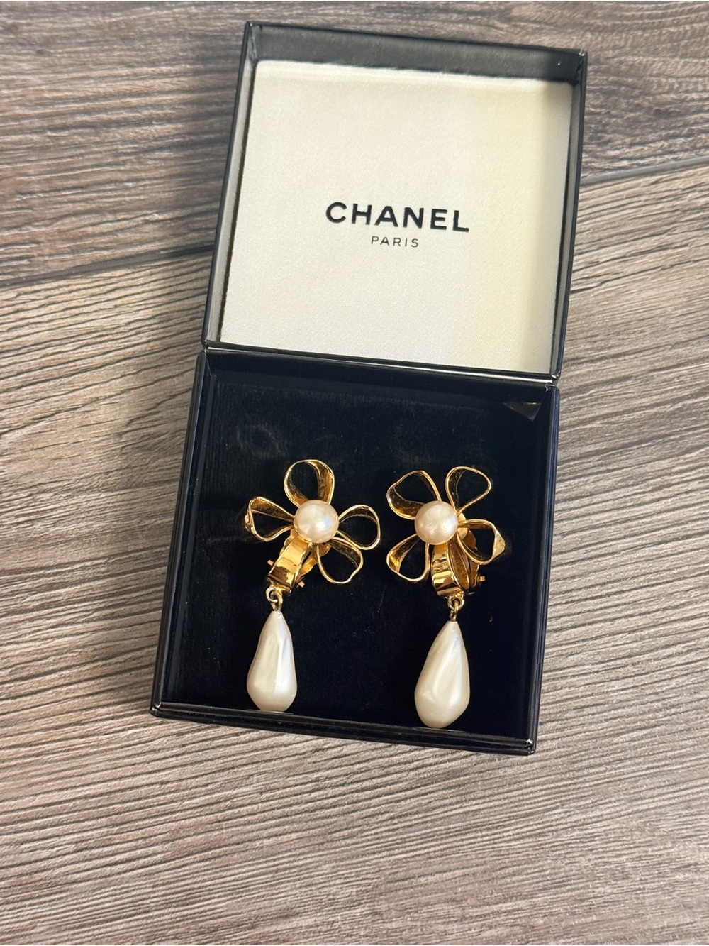 CHANEL Gold and White Pearl Flower Drop Vintage Clip-On Earrings